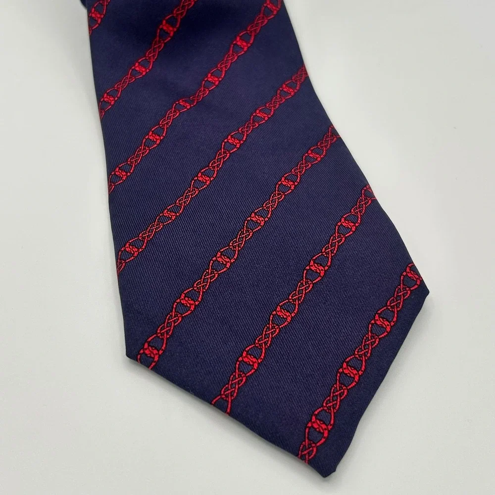 Hermes Paris Mens Silk Tie Navy Blue Red‎ Interlocking Chain Link Made in France